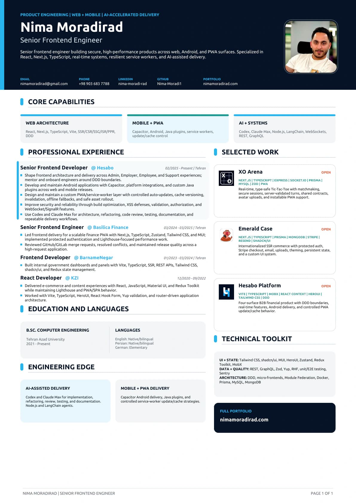 Nima Moradirad’s résumé, covering profile, capabilities, professional experience, selected work, education, and technical toolkit
