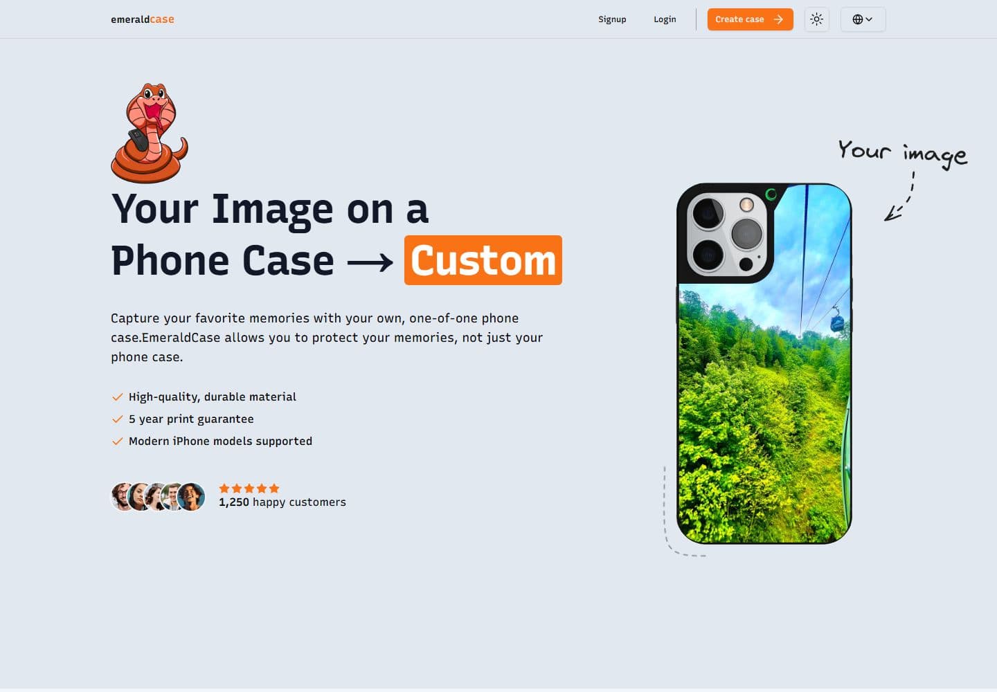 Emerald Case storefront showing its custom phone-case builder