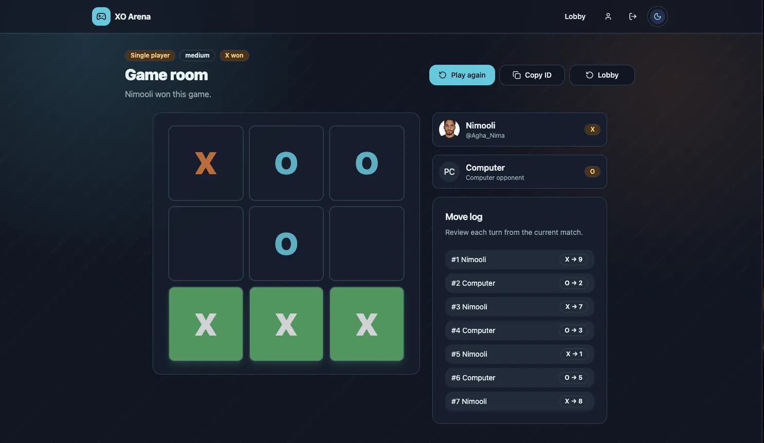 XO Arena live game room with a completed Tic-Tac-Toe match