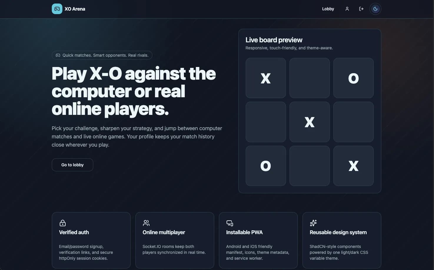 XO Arena landing page with product introduction, a live board preview, and feature cards