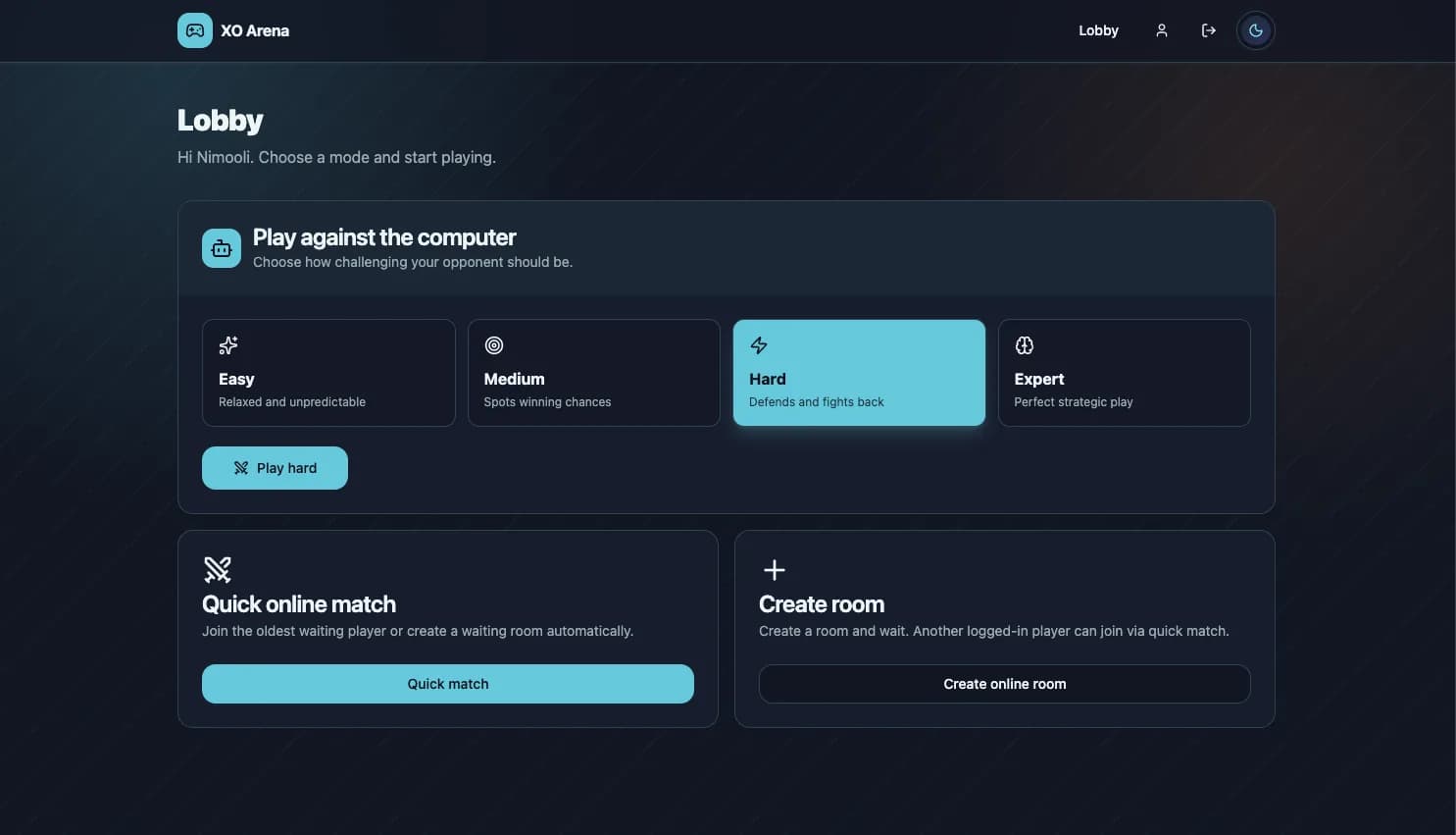 XO Arena lobby showing four computer difficulty levels, quick online matchmaking, and room creation