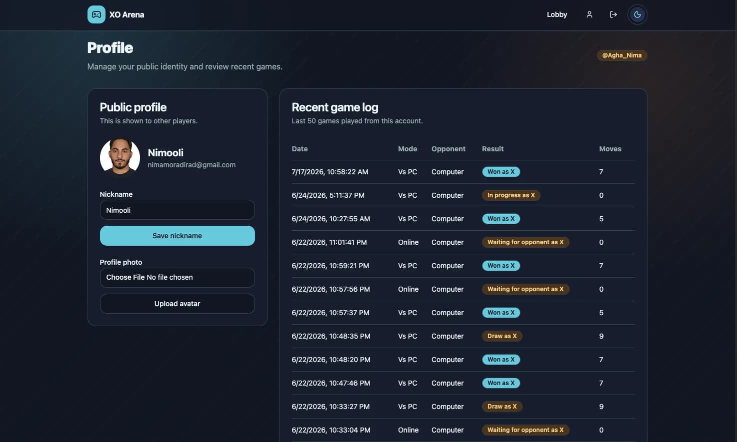 XO Arena profile showing nickname and avatar controls alongside a persistent recent-game history table