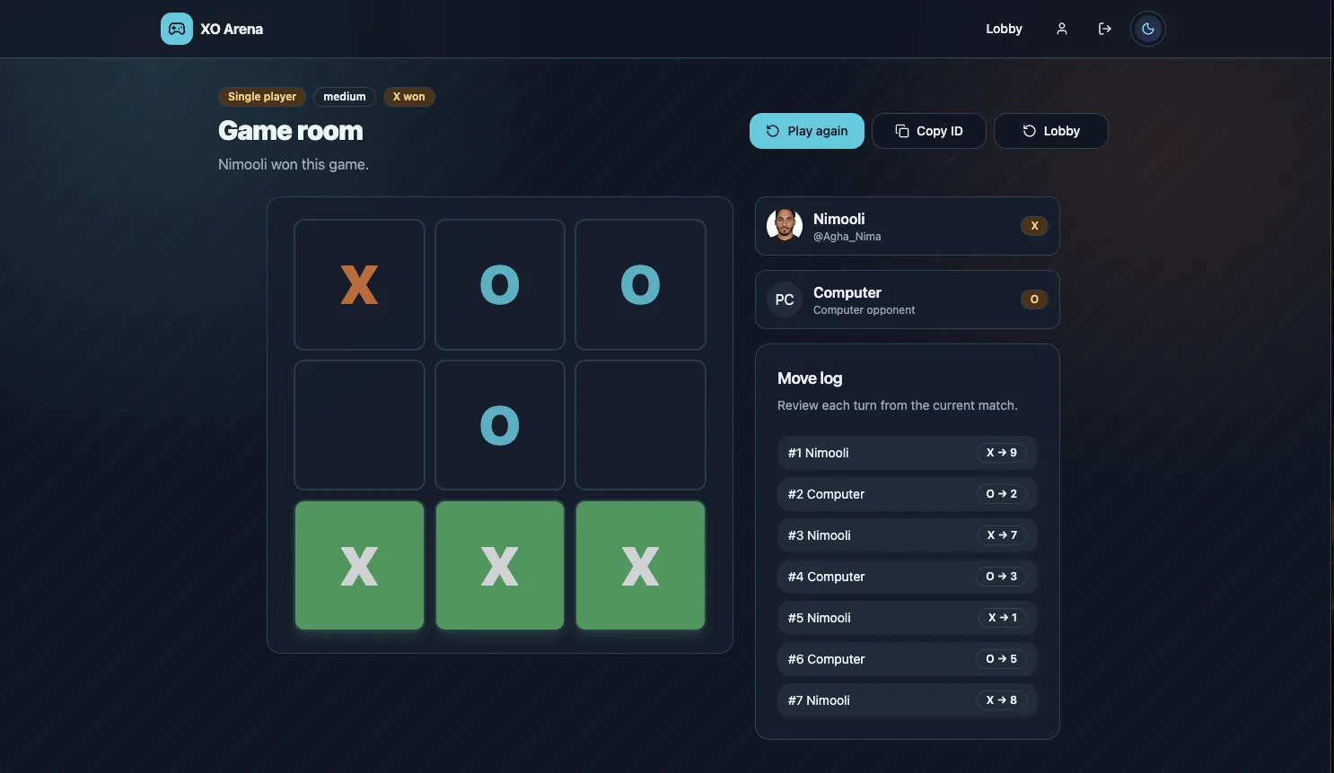 XO Arena live game room with a completed Tic-Tac-Toe match