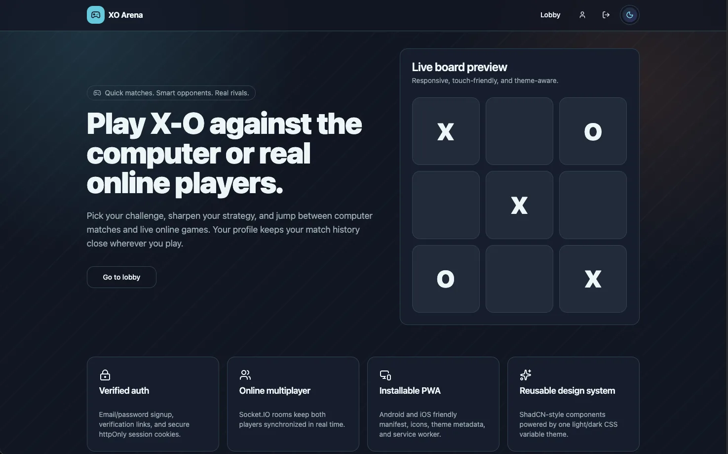 XO Arena landing page with product introduction, a live board preview, and feature cards