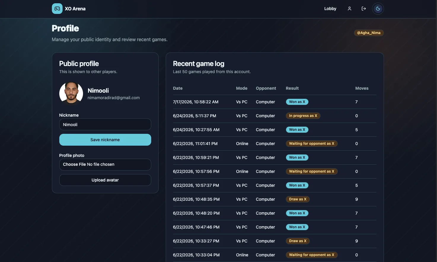 XO Arena profile showing nickname and avatar controls alongside a persistent recent-game history table